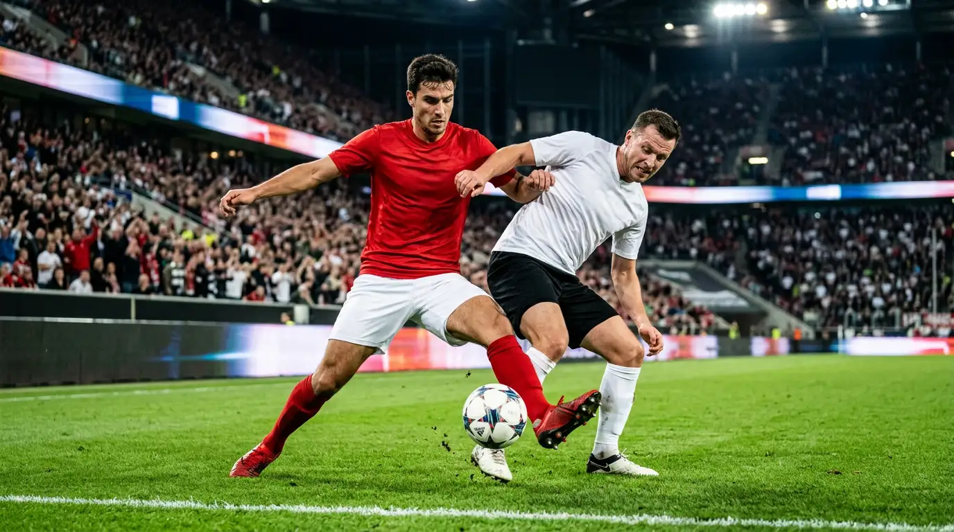Partido de la Bundesliga en directo bajo focos con jugadores disputando el balón en el césped