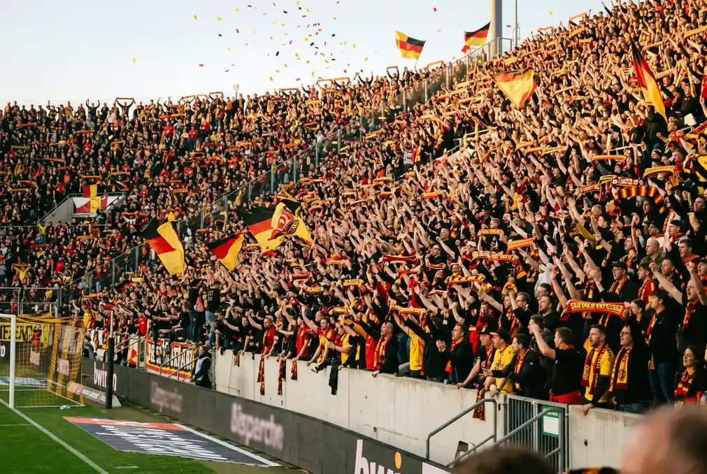 Grada repleta de aficionados de la Bundesliga animando durante un partido de fútbol alemán