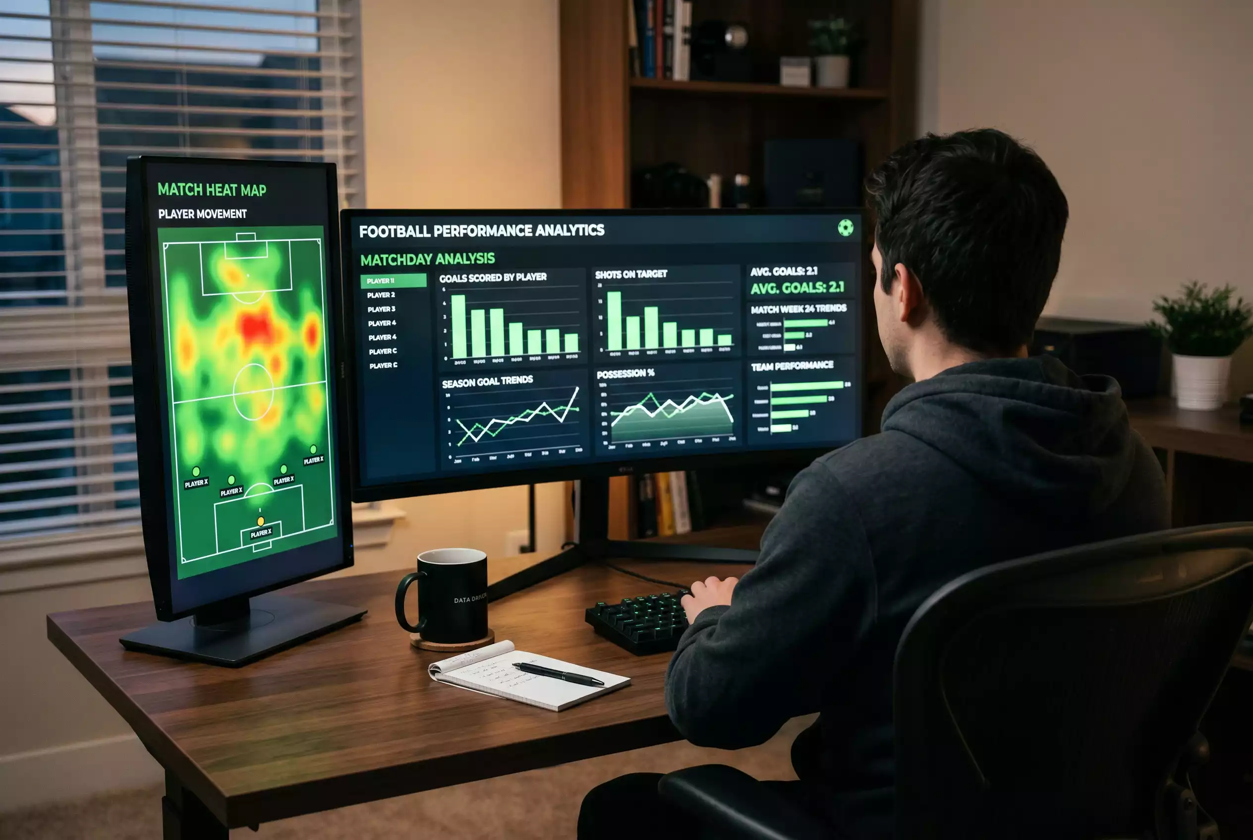 Analista revisando estadísticas de fútbol de la Bundesliga en un monitor con gráficos de rendimiento